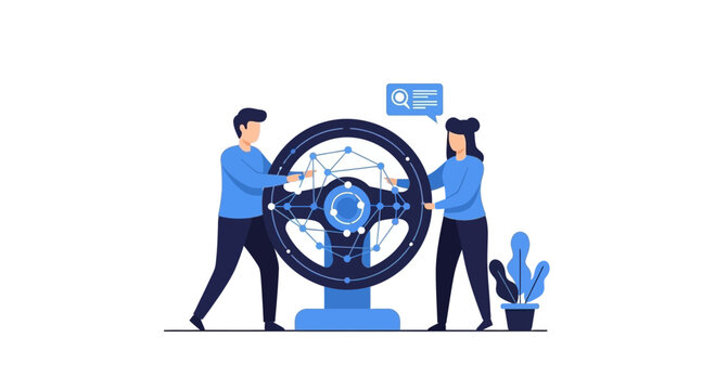 Team analyzing large steering wheel with digital interface.