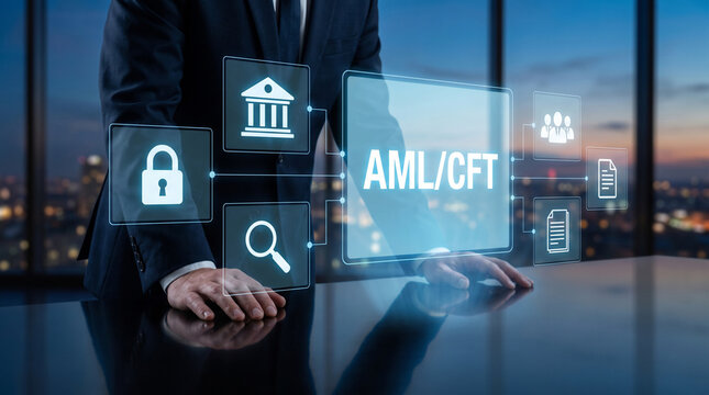 Business professional interacting with a glowing digital interface displaying money laundering and terrorism financing compliance concepts