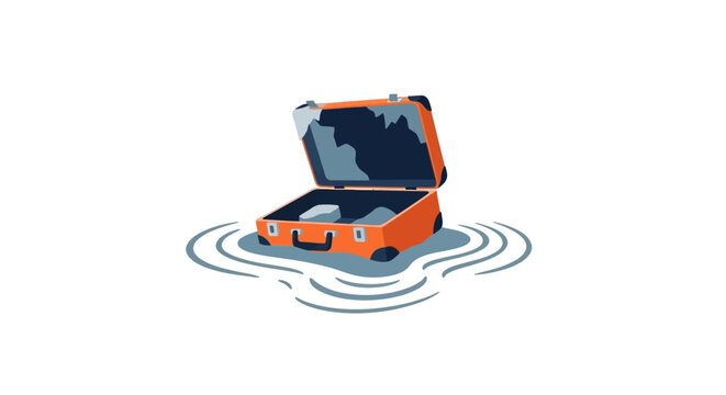 Open orange suitcase floating on water ripples.