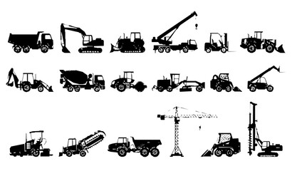 Obraz premium Heavy Construction Machinery Collection with Industrial Equipment Silhouettes Vector Illustration