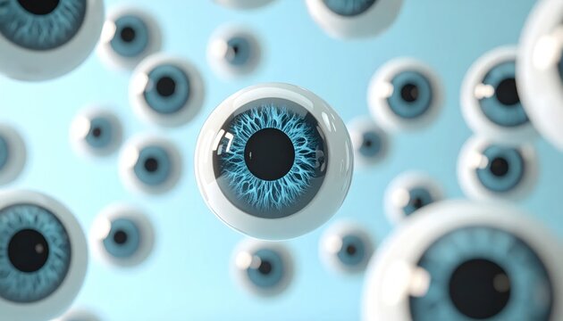 Close up of numerous floating blue eyeballs in bright space.