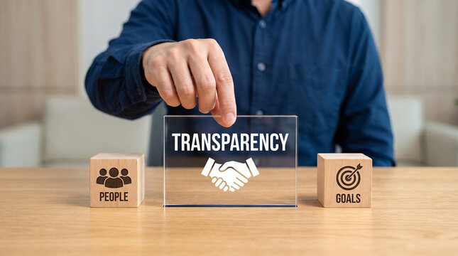 Professional placing a glass block with transparency text between wooden cubes featuring people and goals icons