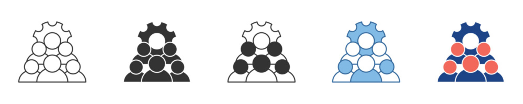 Abstract icon set visualizing collaborative team management and efficient group operations, symbolizing structured processes and organizational synergy within a professional environment