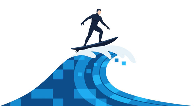 Surfer riding a stylized blue wave illustration.