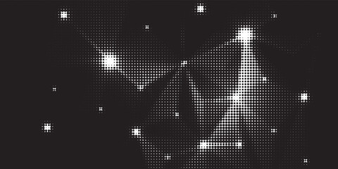 Abstract monochrome halftone dot pattern background featuring a dynamic constellation and plexus network structure. © Axel