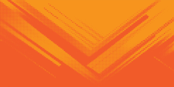 Abstract orange halftone dot pattern background featuring a dynamic chevron arrow and diagonal geometric waves.