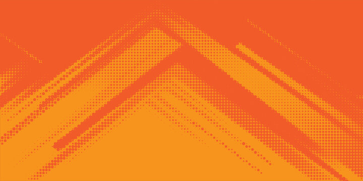 Abstract orange halftone dot pattern background featuring a dynamic chevron arrow and diagonal geometric waves.