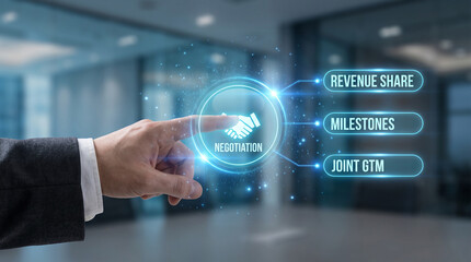 Obraz premium Professional hand touching a digital holographic interface for business negotiation and strategic partnership growth goals
