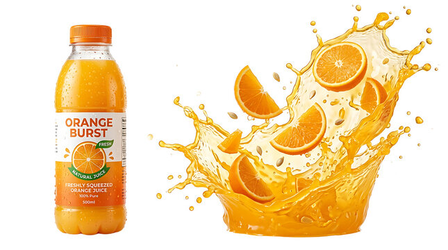 Orange juice bottle PNG with fresh fruit splash, isolated on white background, refreshing citrus drink advertisement for summer lifestyle. ai generated