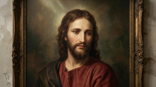 A classic portrait painting of Jesus Christ with long brown hair and a beard, wearing a red tunic, looking directly forward with a gentle expression, framed.