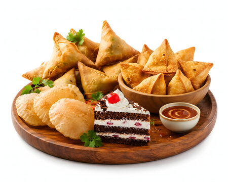 Traditional South Asian Snacks Platter with Samosa, Singara, Kachori, Cake and Sauce Isolated on White Background