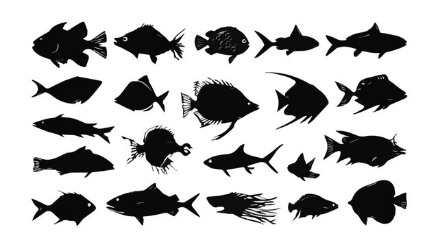 Collection of Various Fish Species Silhouettes for Marine Illustration.