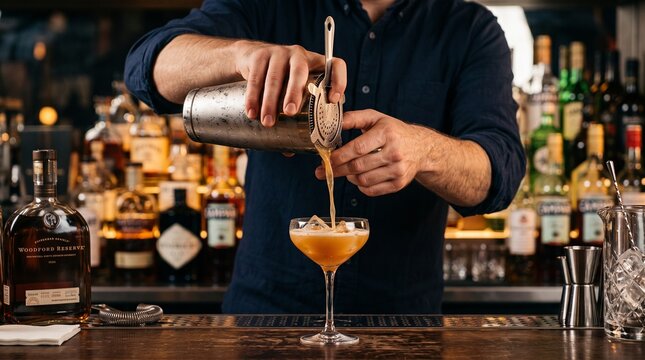 Professional bartender pouring a fresh cocktail from a shaker into a glass at a stylish bar counter