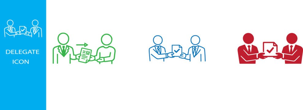 Delegate icon set with business responsibility transfer, teamwork, leadership, and editable stroke vectors.