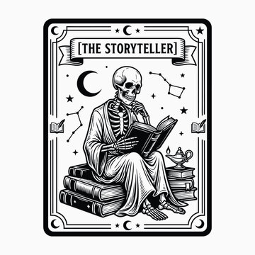 Funny skeleton tarot card 'the storyteller' halloween lovers gift spooky gothic art unique occult decor