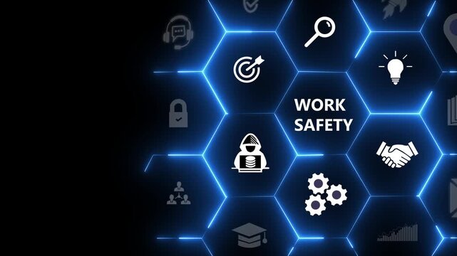 Safety first symbols, work safety, caution work hazards, danger surveillance, zero accident concept. Wooden cubes with smart grey background. Employees safety awareness at workplace, icon background
