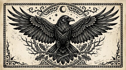 Fototapeta premium Detailed woodcut style illustration of a majestic raven with outstretched wings, perched on thorny branches under a crescent moon and stars, framed by ornate borders.