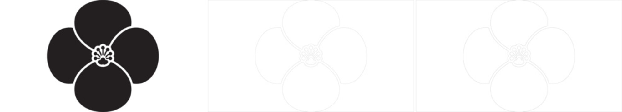 Symmetrical four petal flower icon in silhouette and outline styles with transparent background for patterns.