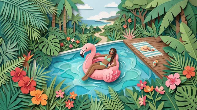 Woman in bikini on flamingo floaty, tropical pool, 3D paper cut style, summer vacation, lush jungle, hibiscus flowers, beach resort, Bikini Day celebration.
