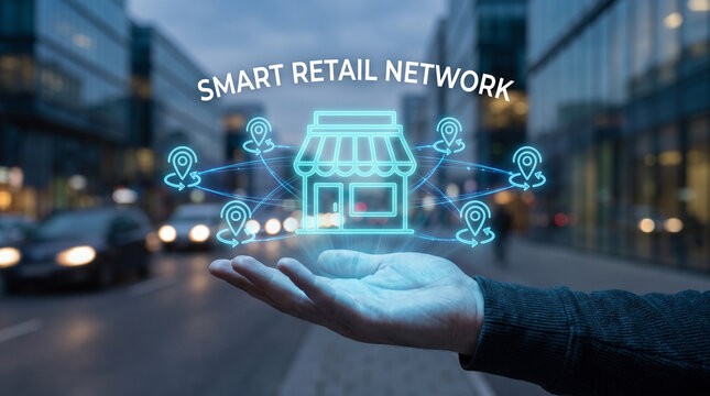 Businessman holding a glowing blue smart retail network hologram above his palm in the city