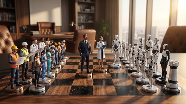 A conceptual chessboard with human professionals on one side and advanced white robots on the other, symbolizing AI vs human workforce