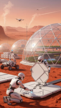 Futuristic Humanoid Robots Constructing a High-Tech Colony on Mars