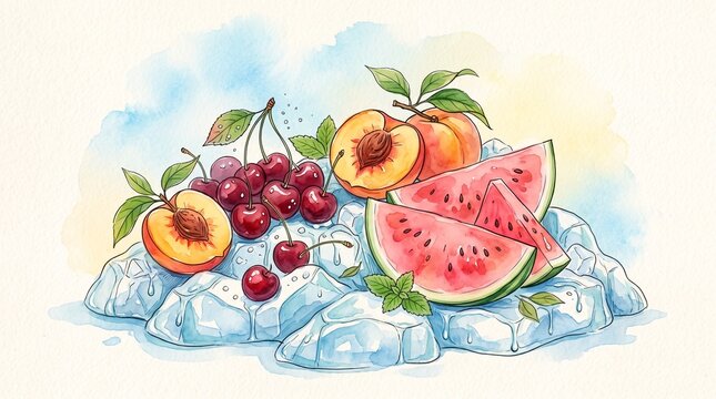 Watercolor summer fruits on ice: watermelon, cherries, peaches. Vibrant, refreshing illustration for seasonal cooling treats and healthy desserts.