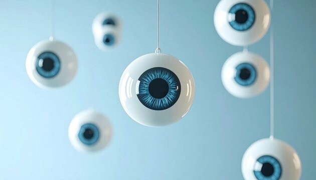 Conceptual floating blue eyeballs in soft blue atmosphere.