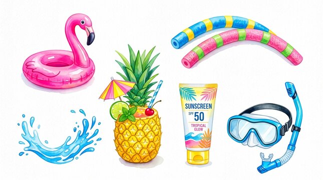 Watercolor summer vacation icons featuring flamingo float, pineapple drink, sunscreen, and snorkel gear for tropical pool parties and beach holidays.