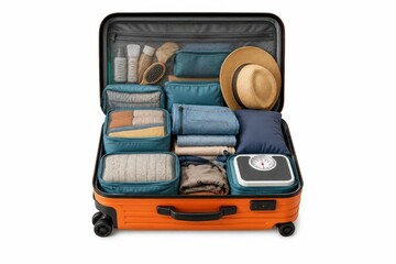 Fototapeta premium Overpacked travel kit, vacation preparation collection, isolated on white background