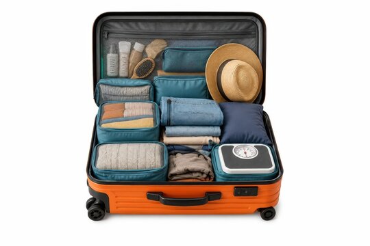 Overpacked travel kit, vacation preparation collection, isolated on white background