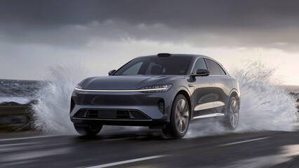 Naklejka premium Luxury SUV Driving Fast Kicking Up Water Spray On Wet Asphalt