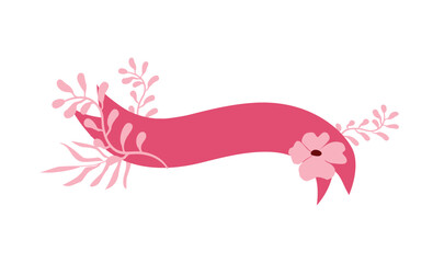 Fototapeta premium Decorative ribbon banner decorated with flowers and leaves. Vector flat cartoon illustration of blank elegant label isolated on white background.
