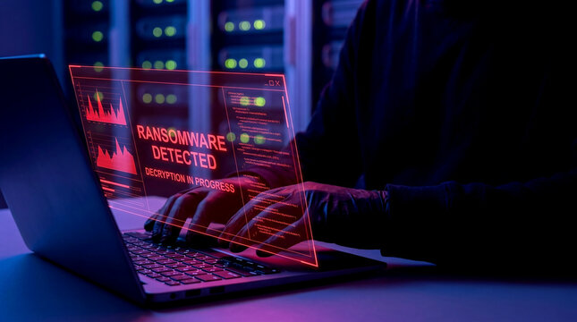 Expert hands diligently respond to ransomware detection on laptop via hologram mitigating cyber threats within enterprise computer systems crucial for robust zero trust security