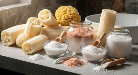 Fototapeta premium Cauliflower and Seasonings Displayed on Kitchen Countertop
