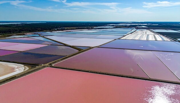 Aerial view of vibrant salt evaporation ponds in coastal landscape.