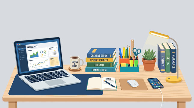 A cluttered desk with a laptop computer and office supplies on it indoors