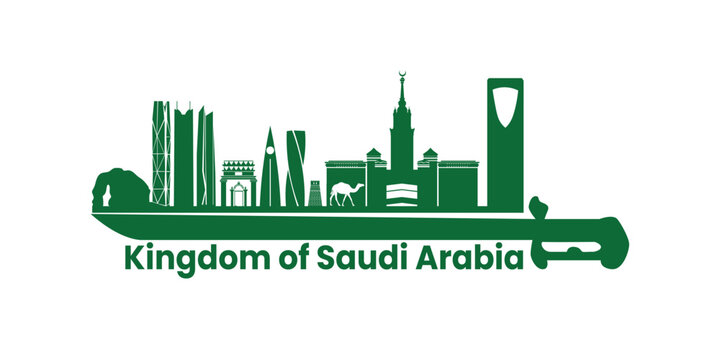Kingdom of Saudi Arabia Landmark Skyline with Traditional Sword Vector Illustration Featuring Riyadh Architecture Heritage and National Identity Design