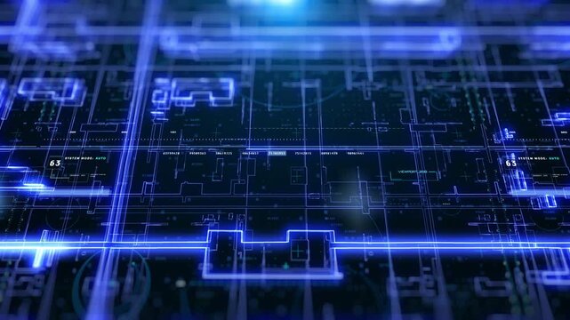 Futuristic Blue Digital Matrix Technology Grid Background. Abstract High-Speed Cyber Data Network Connection, Blockchain Analytics, and Virtual Server Storage Motion Graphic Elements.