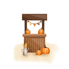 Illustration сart with pumpkins, Watering can. Autumn composition farm agricultural transport and vegetables hand drawn on isolated background for packaging design, label, postcards, holidays, clothes © Evgeniia