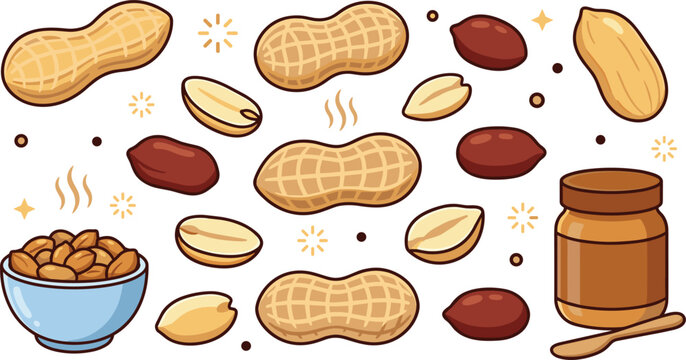 Peanut Vector Illustration Set featuring Whole Shells Roasted Nuts Peanut Butter Jar and Snack Bowl for Food Package Design and Menus