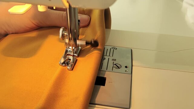 Sewing machine stitching yellow fabric close up