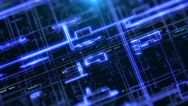 Network Connections in Data Center. Software Source Code and Big Data Linked in Virtual Cyberspace. Futuristic Digital Grid Background for Technology Presentation and Cyber Security Concepts.