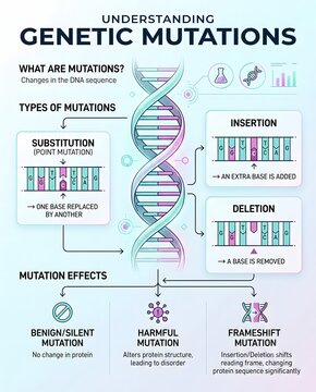 Educational infographic explaining types and effects of genetic mutations