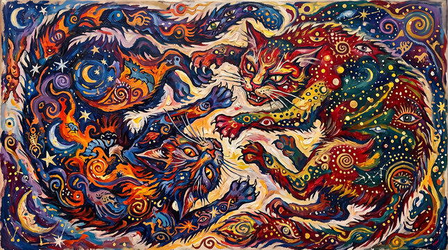 Anamorphic illustration of two fighting cats forming unified image from overhead viewpoint