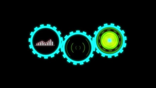Image photo animation rotates triple neon gear tools. Connected image photo animation tracks digital display dials. Industrial image photo animation loops modern automated assembly lines.