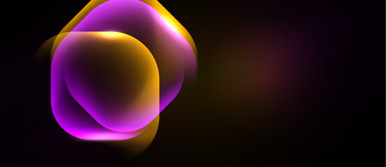 Naklejka premium Abstract shapes overlap, creating vibrant glow. Purple, orange hues dominate dark background. Soft light radiates outward.