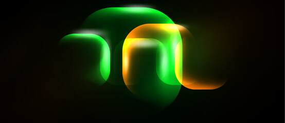 Naklejka premium Abstract neon shapes overlap, creating luminous curves. Green, orange hues dominate dark background. Modern design element.