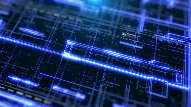 Blue Data Matrix Simulation with Digital Line and Technology Grid. Futuristic HUD Screen on AI Abstract Background Concept. Advanced Cyber Security Interface Motion Graphics.