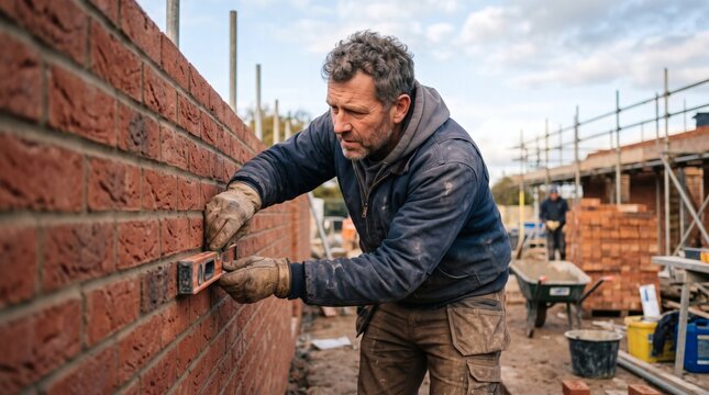 Skilled bricklayer using a spirit level to ensure accuracy while building a brick wall on a construction site